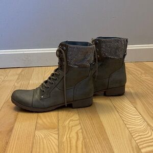 Guess Women's Gray Combat Boots with Sparkle Detail